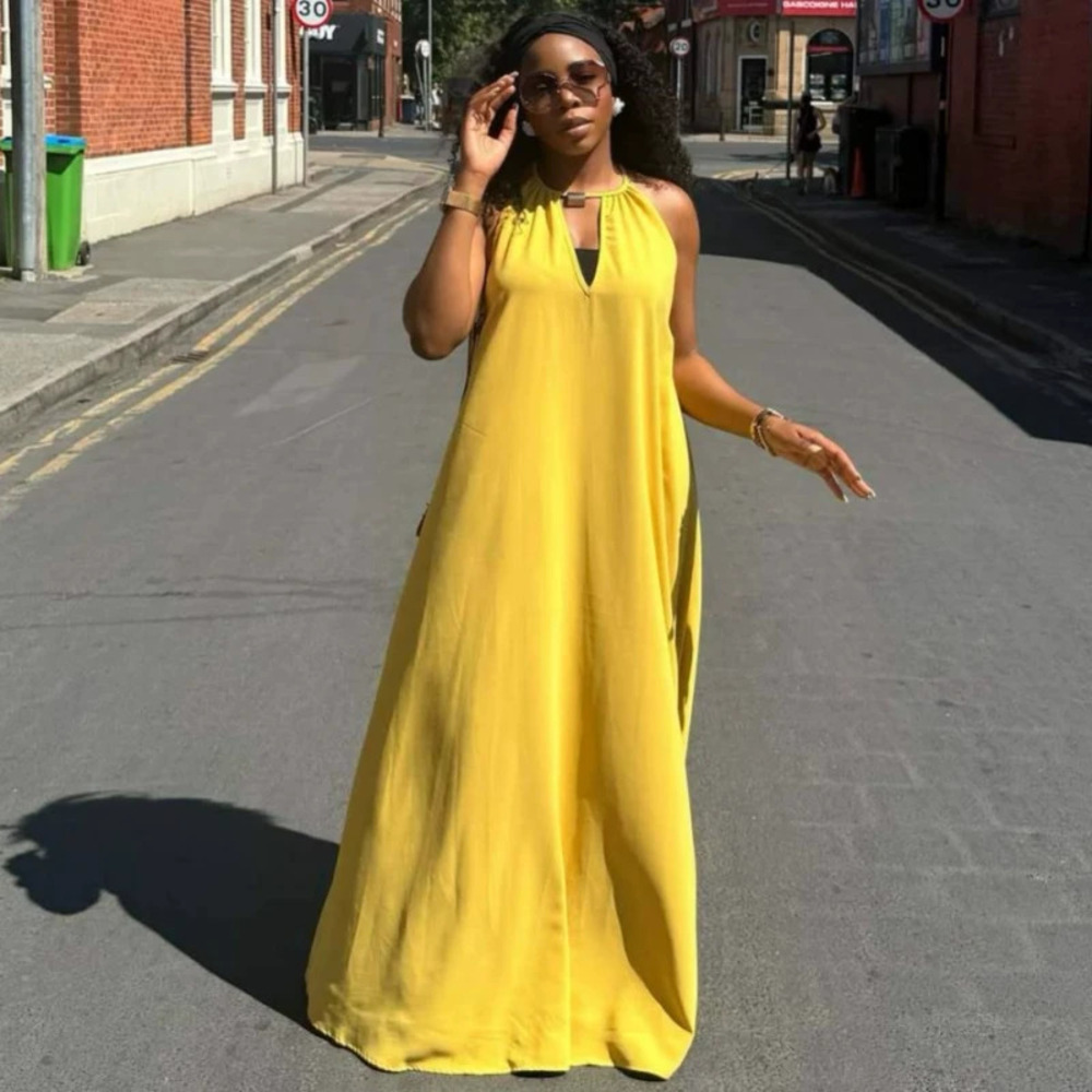 ZARA Trendy Solid Color Halter Neck Sleeveless Dress African Sexy Hollow Long